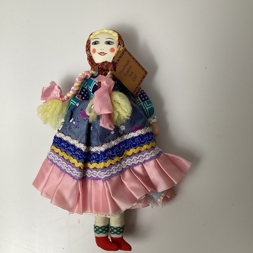 Handmade Russian Folk Doll Traditional Dress Braids Tag Authentic Collectible